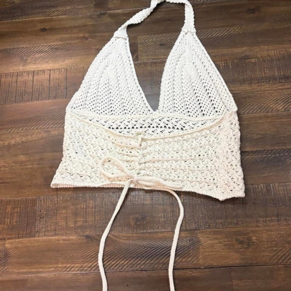 Romwe Crochet Halter Top Small Cream Excellent Boho Lace Up Back Crop Top - Picture 2 of 3